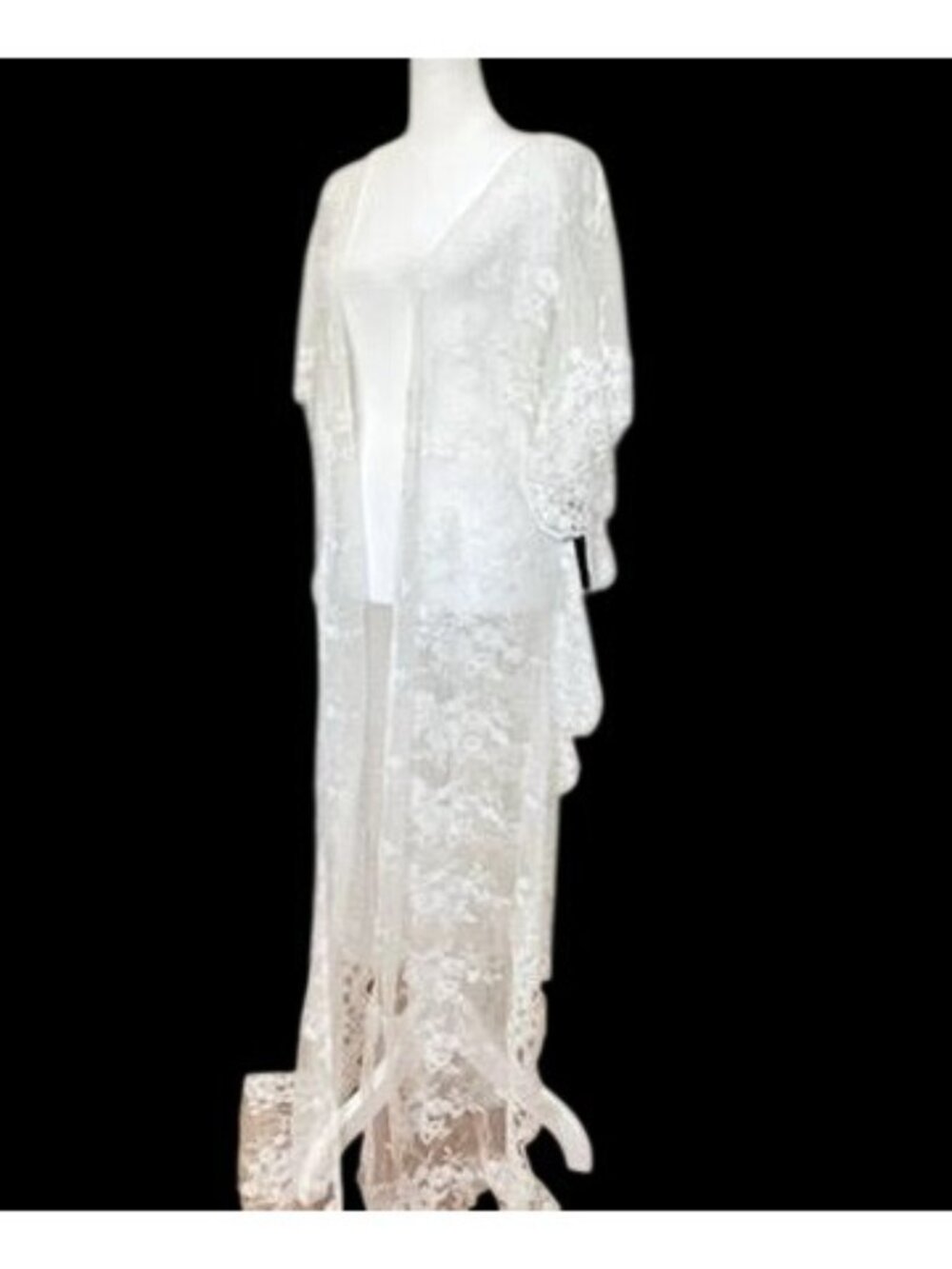 Lulus Sz XS Sheer White Lace Duster Kimono Floral NWT Ethereal Fairy Bridal - Picture 2 of 14